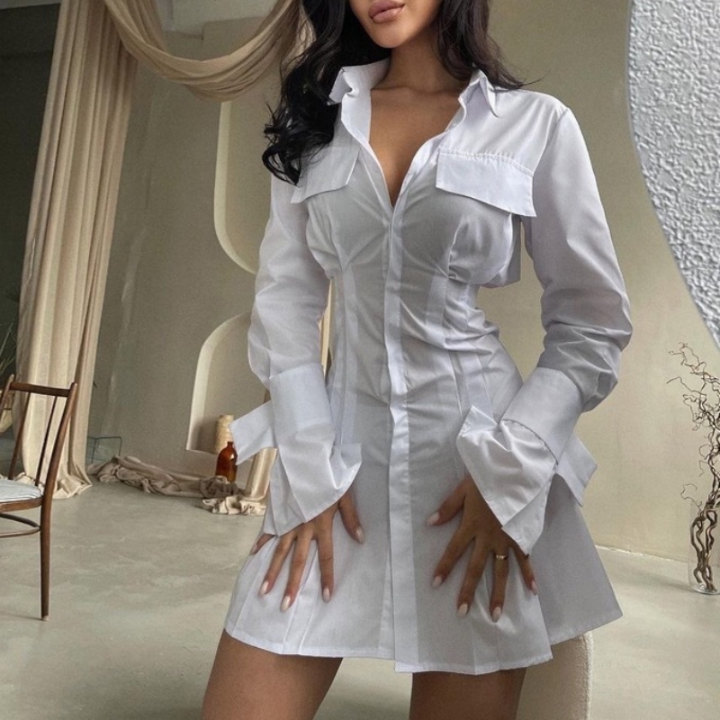 허리와 커프스가있는 프랑스 흰색 드레스 및 여성용 긴 탭 2023 새로운 디자인 허리와 단색 긴팔 치마